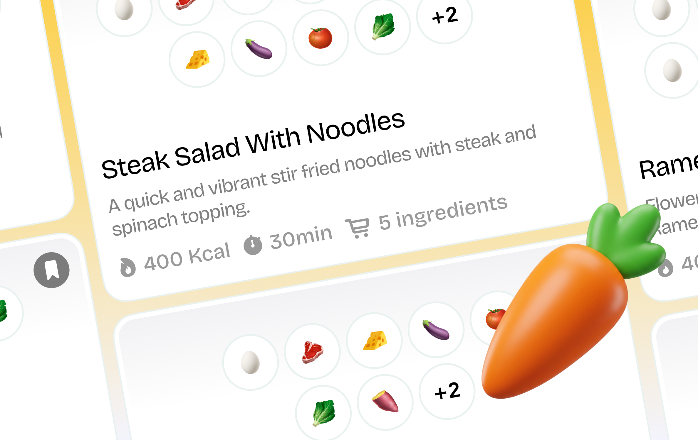Suphra recipe cards with calories, time, ingredients, and ingredient chips.