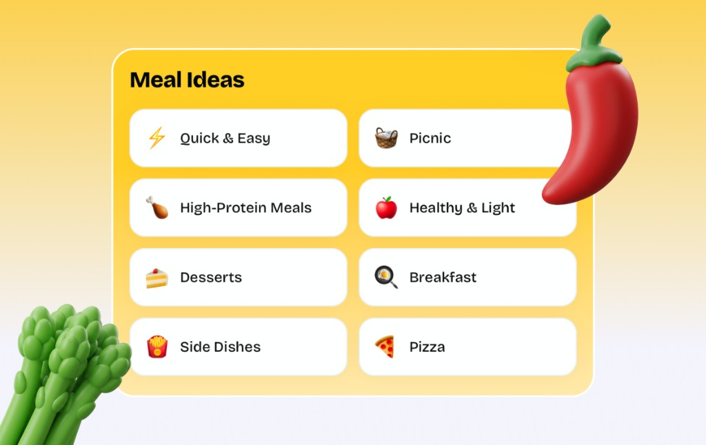 Suphra meal ideas screen: category grid for Quick and Easy, Picnic, High-Protein, and more.