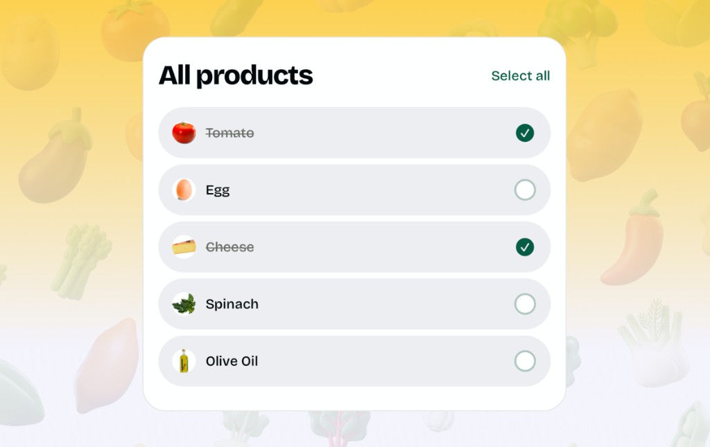 Suphra groceries screen: product checklist with select all and pantry-aware checkmarks.