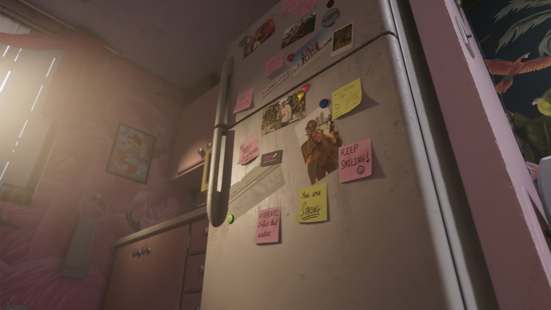 Jason and Lucia’s refrigerator in GTA 6, covered in sticky notes, photos, and magnets in their pink Leonida kitchen