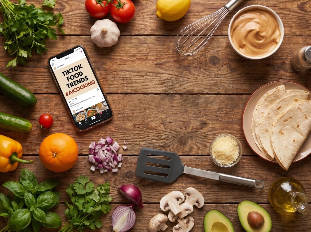 Ingredients and kitchen tools on a wooden table with a phone showing TikTok food trends and AI cooking