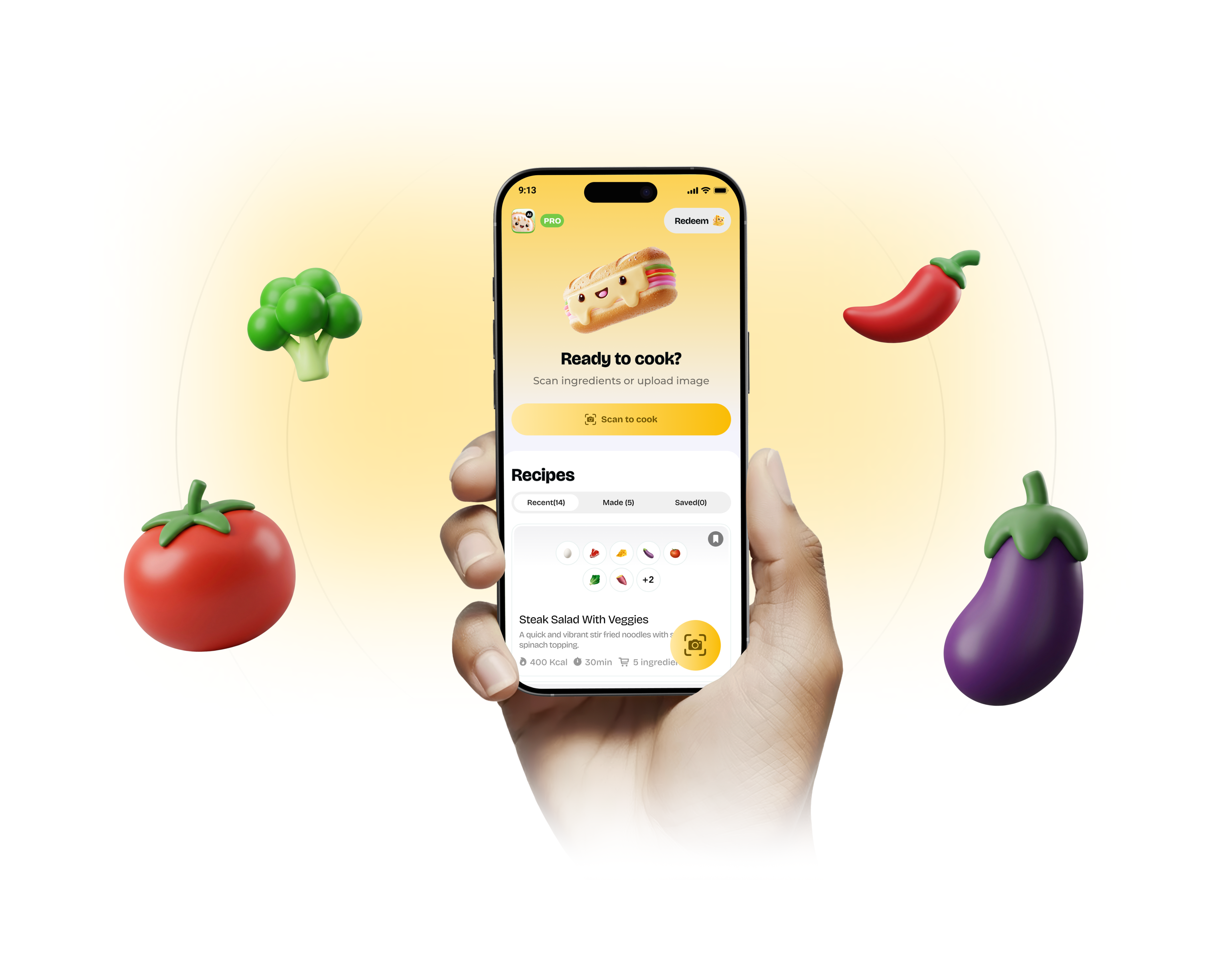 Hand holding iPhone with Suphra: scan to cook, recipe cards, and 3D vegetables around the device